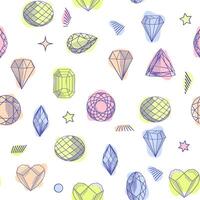 Gemstone crystal seamless pattern. Pastel gems and stars on white background vector