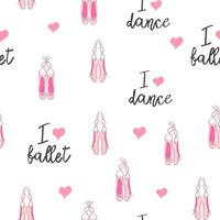 Seamless pattern with ballet pointe shoes and additional elements, imitation of a sketch, watercolors. Ballet school vector
