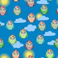 Seamless colorful owl pattern for children with flowers, clouds, branches. vector