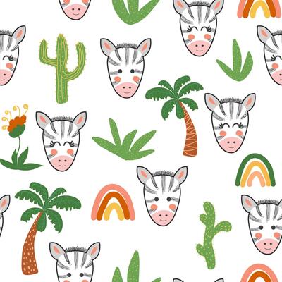 Seamless pattern with cute tribal animal faces. Illustration in boho style, dream catcher, cactus, palm trees, tropics