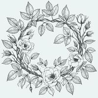 Adobe Illustrator Artwork. Wreath Of Flowers, Leaves Black And White Frame Illustration, Set Of Decorative Elements Of Plants Background, Border Line Art, Lineart vector