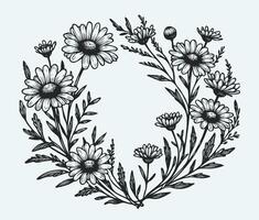 Adobe Illustrator Artwork. Wreath Of Flowers, Leaves and buds Black And White Frame Illustration, Set Of Decorative Elements Of Plants Backgroun, Border Line Art, Lineart vector