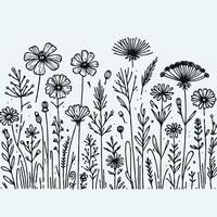 A black and white drawing of flowers, Set abstract elegant line art flower and leaf. Continuous boho line art silhouette of floral artwork vector