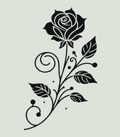 A black and white rose with swirls and leaves, Elegant continuous one line drawing of a rose flower outline for modern designs vector