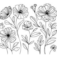 Flowers coloring pages for kids, Set abstract elegant line art flower and leaf. Continuous boho line art silhouette of floral artwork vector