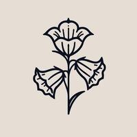 A black and white illustration of a flower, Bluebell flower and leaf hand drawn botanical illustration with line art. vector