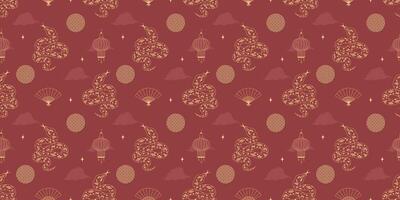 Snake seamless pattern, symbol of the Lunar New Year 2025. Outline snake, lantern, fan in geometric style on red background. Illustration for background, banner, card, wrapping paper, textile vector