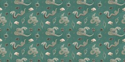 Snake seamless pattern, symbol of the Chinese New Year 2025. Outline geometric snakes, lanterns and magnolia on green background. Illustration for background, greeting card, banner, wrapping vector