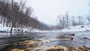 This serene winter scene features a gentle river flowing through snowcovered banks, with leafless trees against a gray sky, evoking tranquility and inviting reflection on nature video