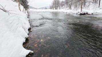 A serene winter river scene shows natures wonders, with clear water flowing by snowcovered banks and bare trees, highlighting the cold elegance and charm of the season video