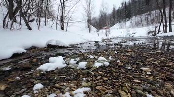 A serene winter scene shows a snowcovered riverbank and a gently flowing stream. Bare trees enhance the tranquility of nature, inspiring relaxation and reflection in the outdoors video