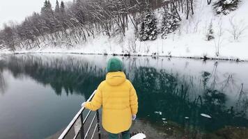A person wearing a bright yellow jacket stands by a serene and calm snowcovered lake, surrounded by tall trees that beautifully highlight the tranquility and splendor of nature video
