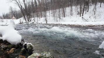 Imagine a serene winter scene with a river winding through snowcovered banks, surrounded by frosted treesa perfect inspiration for naturethemed projects, evoking peace and calm video