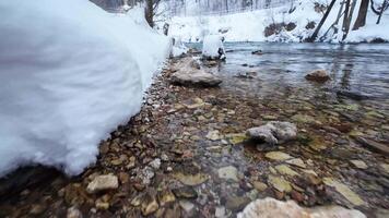 A serene and exquisite winter landscape is depicted here, showcasing a gently flowing stream gracefully bordered by soft snow and rugged rocks, creating a truly picturesque nature setting video