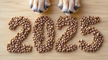 The number 2025 arranged from dog kibble on a light wooden surface, with two furry paws visible at the top, creating a playful and pet-themed image perfect for New Year celebrations with pets photo
