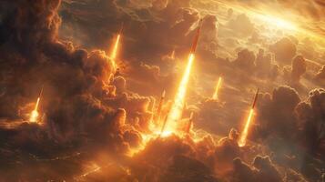 A large number of combat missiles are launched from the ground into the sky photo