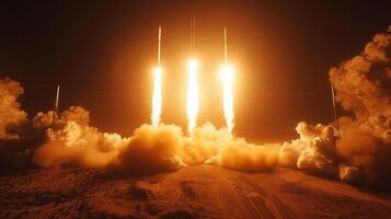 Launch of three combat missiles in the desert at night photo