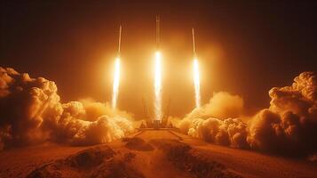 Launch of three combat missiles in the desert at night with clouds of smoke photo