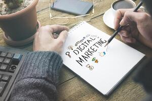 man written digital marketing text on notepad photo