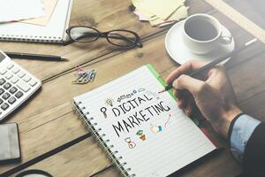 man written digital marketing text on notepad photo