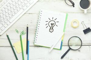 lighting bulb on notebook with keyboard photo