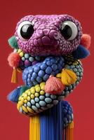 A high-resolution close-up of a colorful snake sculpture with glossy multicolored scales and decorative tassels, set against a bold red background. photo