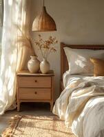 un hermosamente estilizado dormitorio con un natural estético. foto