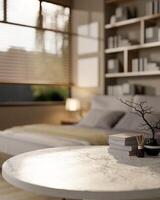 A close-up of a white marble table set against a blurred background of a comfortable modern bedroom. photo
