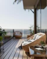 A cozy Scandinavian relaxation area on a balcony featuring a wicker sofa and a coffee table. photo