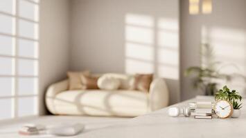 A close-up of a white table with decor, set in a minimalist white living room. photo