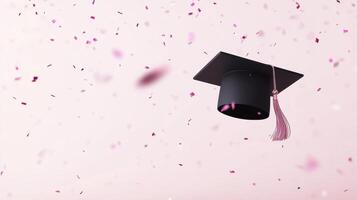 Elegant aesthetic invitation mockup for graduation with academic cap. Light background with confetti photo