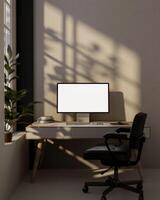 A computer placed on a table in a minimalist room with sunlight casting shadows on the wall. photo