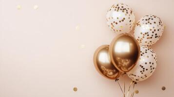 Light, celebratory white background featuring helium balloons in metallic gold and white, with scattered golden confetti photo