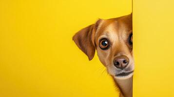 Dog with surprised and happy eyes peeking out from around a corner photo