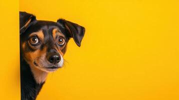 Dog with surprised and happy eyes peeking out from around a corner photo