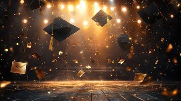 Graduation stage background with black balloons and gold confetti, black caps photo