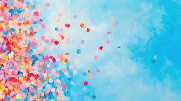 Colorful confetti falls against a blue background, creating a festive atmosphere with shimmering particles photo