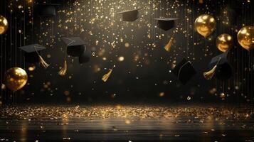 Graduation stage background with black balloons and gold confetti, black caps photo