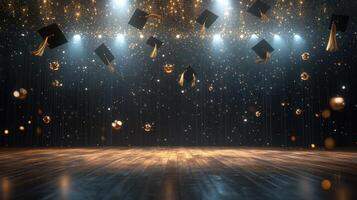 Graduation stage background with black balloons and gold confetti, black caps photo