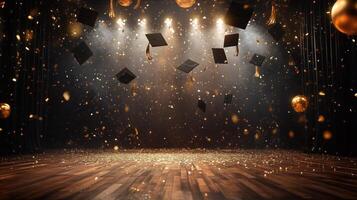 Graduation stage background with black balloons and gold confetti, black caps photo
