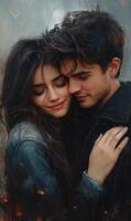 Wonderful scene of love and happiness between a couple in love hugging photo