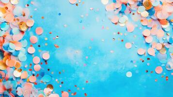 Colorful confetti falls against a blue background, creating a festive atmosphere with shimmering particles photo
