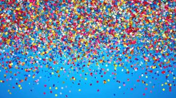 Colorful confetti falls against a blue background, creating a festive atmosphere with shimmering particles photo
