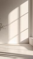 Bright sunlight filtering across white walled interior, casting long shadows on minimalist tiled flooring background photo