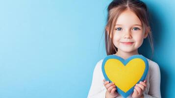 Child holding a heart with both hands, close-up. The heart is split in two colors, blue on the top half and yellow photo