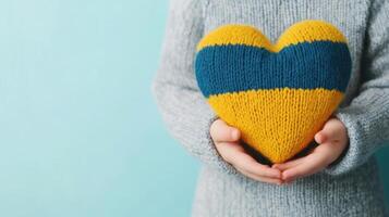 Child holding a heart with both hands, close-up. The heart is split in two colors, blue on the top half and yellow photo