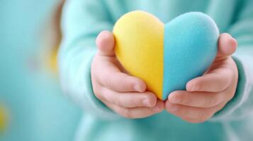 Child holding a heart with both hands, close-up. The heart is split in two colors, blue on the top half and yellow photo