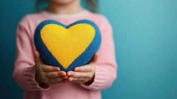 Child holding a heart with both hands, close-up. The heart is split in two colors, blue on the top half and yellow photo