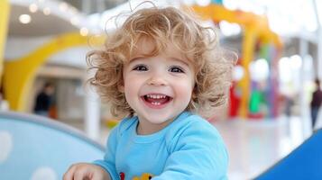A happy toddler laughs and has fun on a bumper car photo
