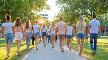 Back view of happy multigenerational people having fun in a public park during sunset time Community and support concept photo